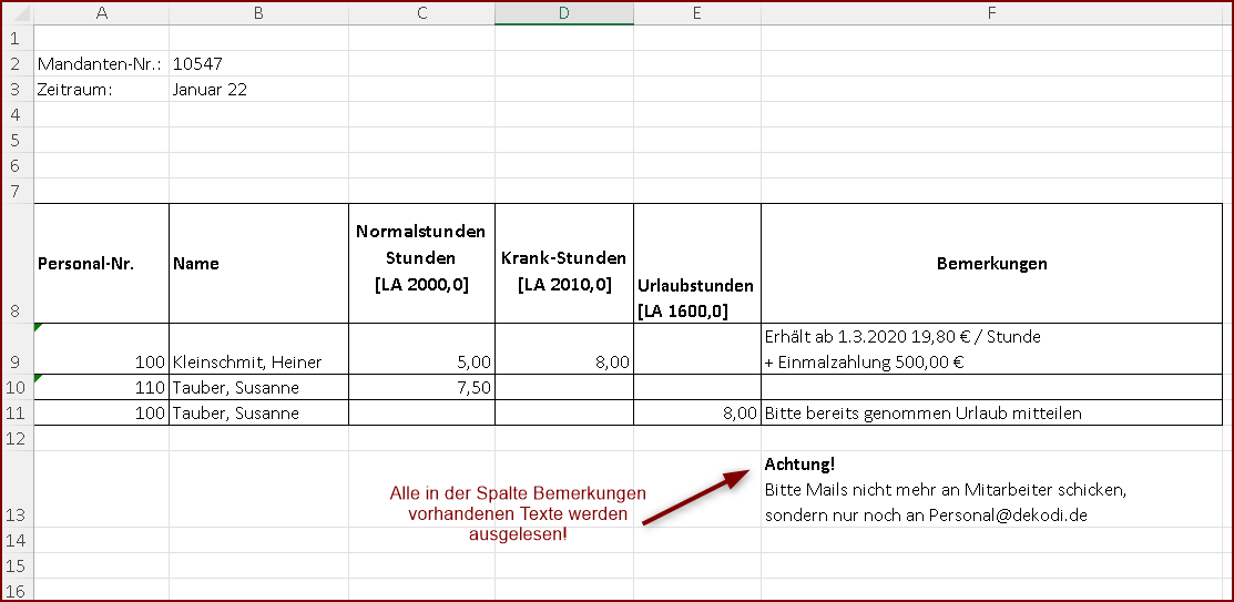 Beispiel für Datenbereich mit Bemerkung