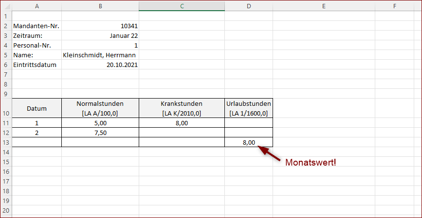 Datev Lodas: Beispiel für Monats- und Kalendariumswerte in einem Datenbereich