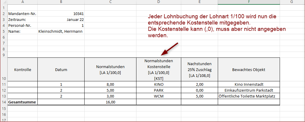 Angabe einer Kostenstelle zu jeder Lohnbuchung