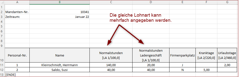 Mehrfache Angabe der gleichen Lohnart innerhalb  eines Datenbereiches