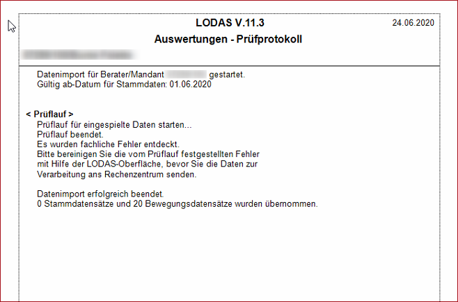 Protokoll des Prüflaufes nach erfolgreichem Datenimport