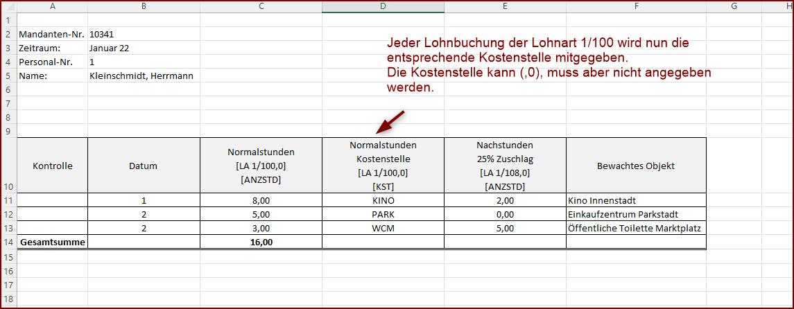 Angabe einer Kostenstelle zu jeder Lohnbuchung