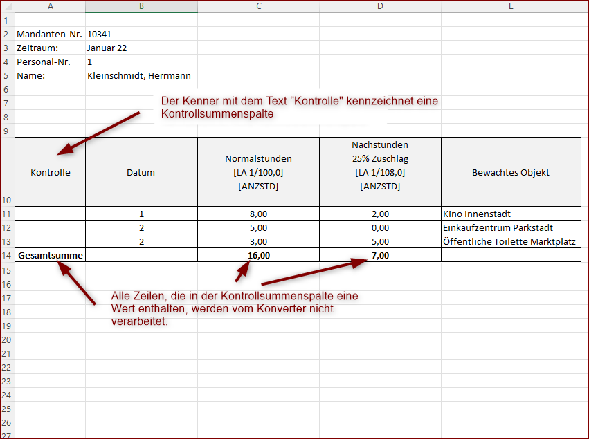 Erfassungsbereich mit Summenspalte