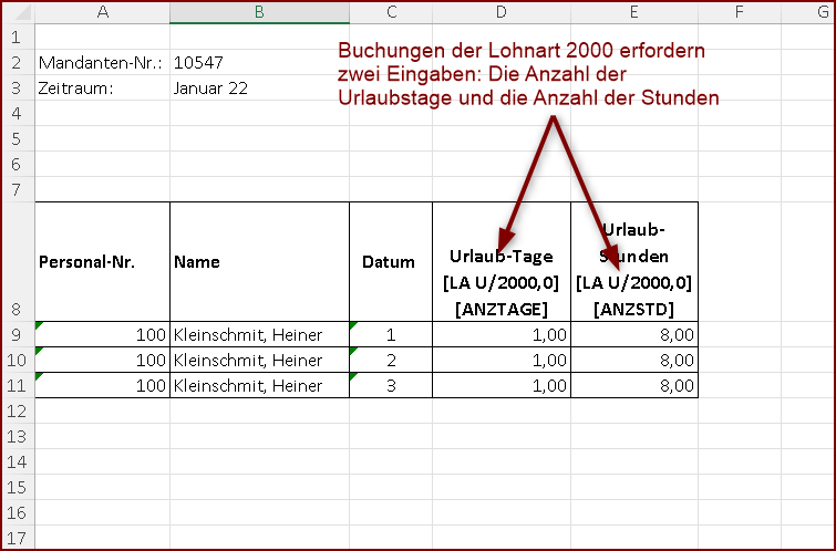 Kalendariumserfassung mit Ausfallschlüssel und Lohnart, sowie zwei Feldern für die Lohnart 2000