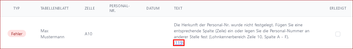 Fehlermeldung bei nicht gefundener Personalnummer