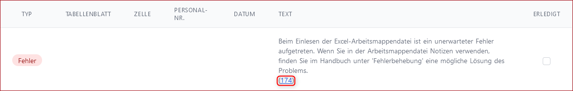 Fehlermeldung bei fehlerbehafteten Notizen in Exceldatei