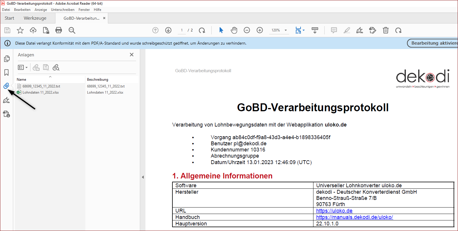 Ausschnitt aus einem GoBD-Protokoll mit Anhängen