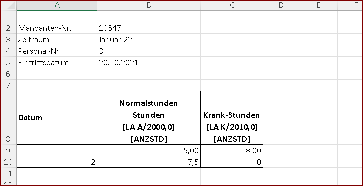 Beispiel einer Kalendariumserfassung für Datev Lohn & Gehalt (Lohnarten und Ausfallschlüssel sind willkürlich gewählt)