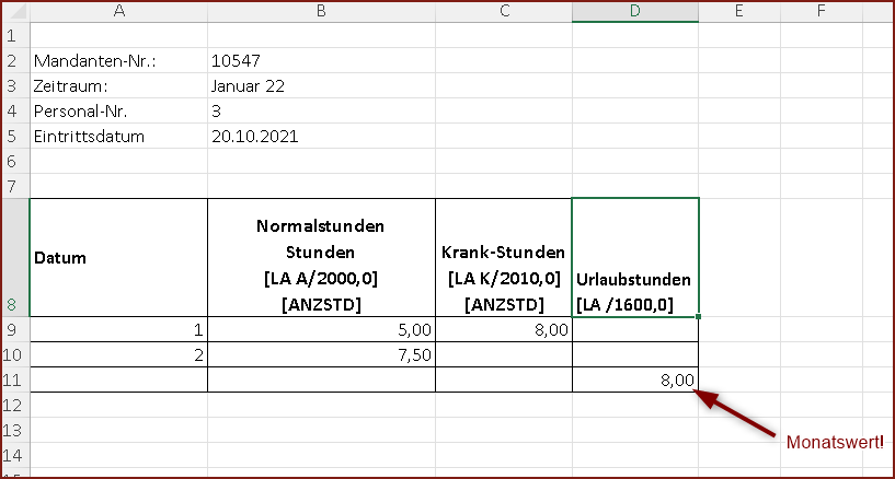 Datev Lohn & Gehalt: Beispiel für Monats- und Kalendariumswerte in einem Datenbereich