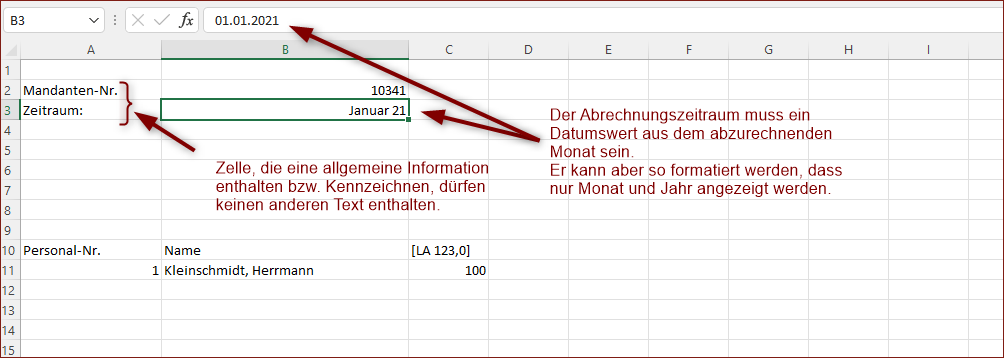 Kopfbereich einer Tabelle mit allgemeinen Informationen