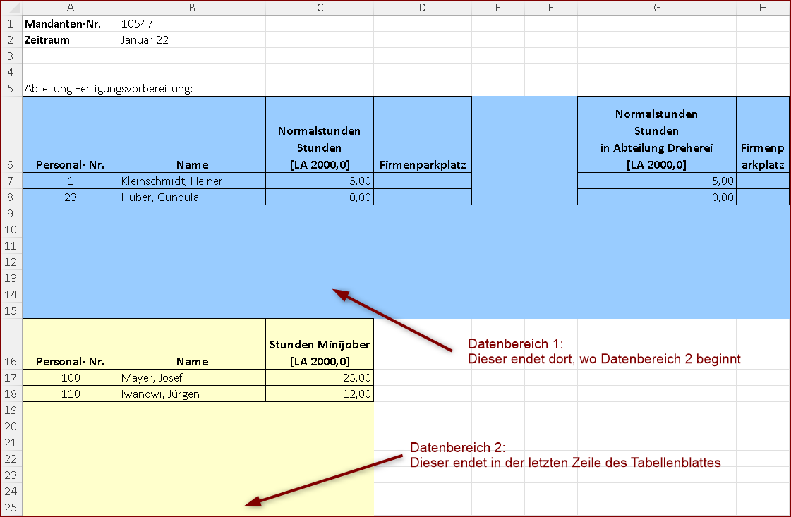 Excel-Tabelle mit mehreren  Datenbereichen