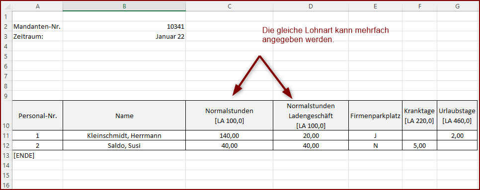 Mehrfache Angabe der gleichen Lohnart innerhalb  eines Datenbereiches