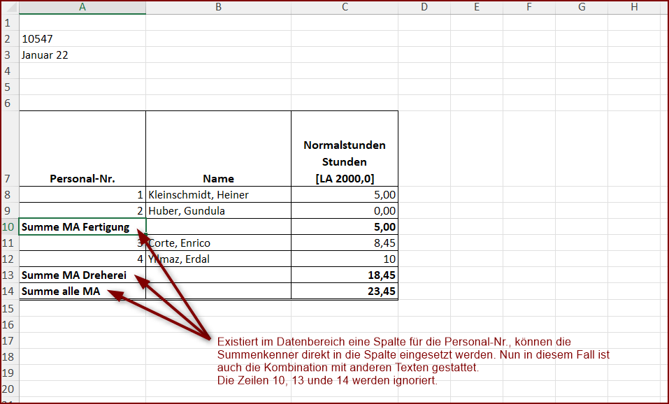 Beispiel Summenzeilen durch Kenner in der Spalte Personal-Nr.